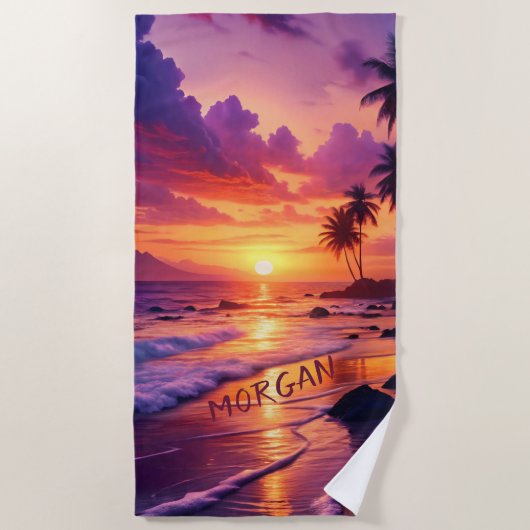 Gepersonaliseerd Tropical Sunset Beach - Dromerige Strandlaken (Voorkant)