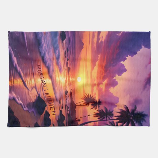Gepersonaliseerd Tropical Sunset Beach - Dromerige Theedoek (Horizontaal)