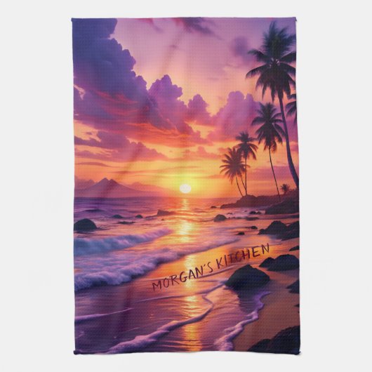 Gepersonaliseerd Tropical Sunset Beach - Dromerige Theedoek (Verticaal)