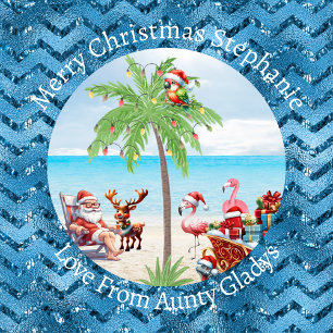Gepersonaliseerd tropisch kerstfeest op blauw cadeaupapier