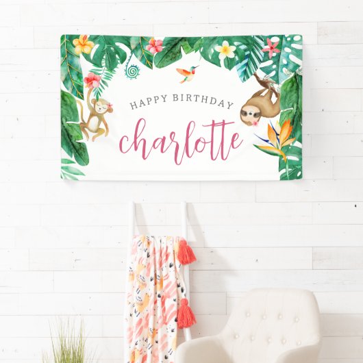 Gepersonaliseerd Tropisch Oerwoud Kids Verjaardags Spandoek (Insitu)