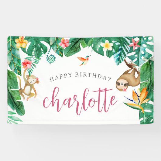 Gepersonaliseerd Tropisch Oerwoud Kids Verjaardags Spandoek (Horizontaal)