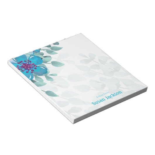 Gepersonaliseerd Turquoise Floral Notitieblok (Schuin)