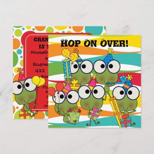 Gepersonaliseerd uitnodiging van Frog Hop Birthday (Voorkant / Achterkant)