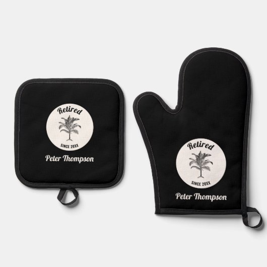 Gepersonaliseerd uniek pensioencadeau ovenwant & pannenlap set (Voorkant)