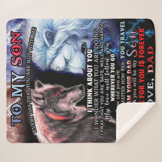 Gepersonaliseerd van Lion Papa tot mijn Wolf zoon Sherpa Deken (Voorkant (horizontaal))