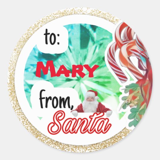 Gepersonaliseerd van Santa gold glitter kerst Ronde Sticker (Voorkant)