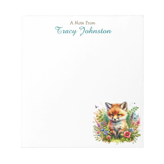 Gepersonaliseerd vanaf het bureau van | Vos in blo Notitieblok (Voorkant)