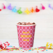 Gepersonaliseerd verjaardagsfeest roze geruit patr papieren bekers