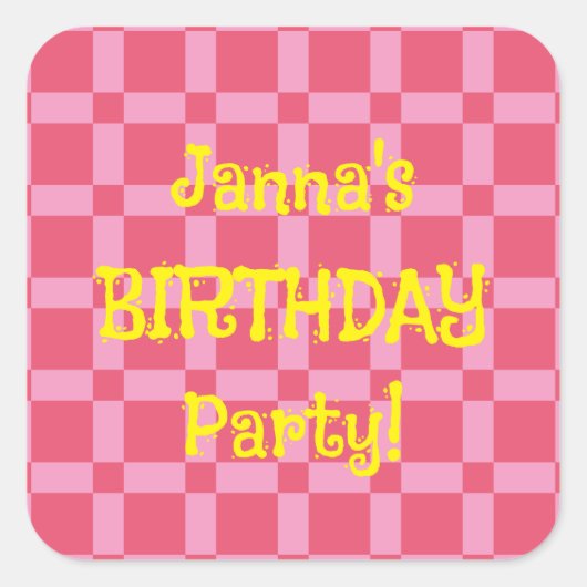 Gepersonaliseerd verjaardagsfeest roze geruit patr vierkante sticker (Voorkant)