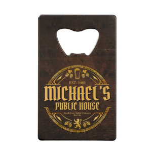 Gepersonaliseerd vintage pubbord van roestvrij sta creditkaart flessenopener
