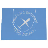 Gepersonaliseerd vliegtuig op blauw, stijgend hoog groot cadeauzakje (Voorkant)