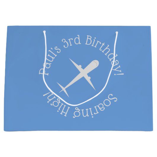 Gepersonaliseerd vliegtuig op blauw, stijgend hoog groot cadeauzakje (Voorkant)