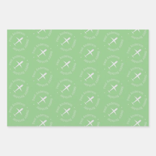 Gepersonaliseerd vliegtuig verjaardag blauw groen  inpakpapier vel (Voorkant 2)