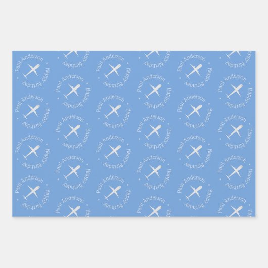 Gepersonaliseerd vliegtuig verjaardag blauw groen inpakpapier vel (Voorkant)