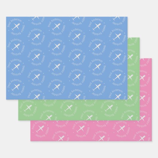 Gepersonaliseerd vliegtuig verjaardag blauw groen  inpakpapier vel (Set)