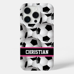 Gepersonaliseerd Voetbal Patroon zwart roze wit iPhone 15 Pro Case