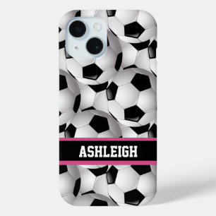 Gepersonaliseerd Voetbal Patroon zwart roze wit iPhone 15 Case