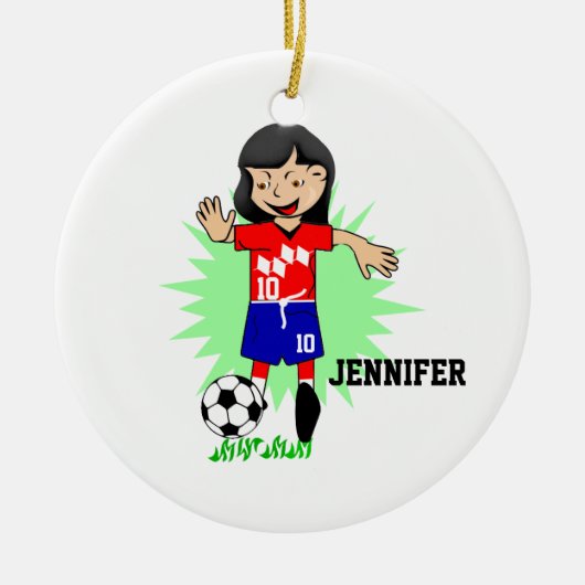 Gepersonaliseerd voetbalmeisje keramisch ornament (Voorkant)