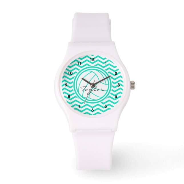 Gepersonaliseerd volleybal; Aqua Green Chevron Horloge (Voorkant)