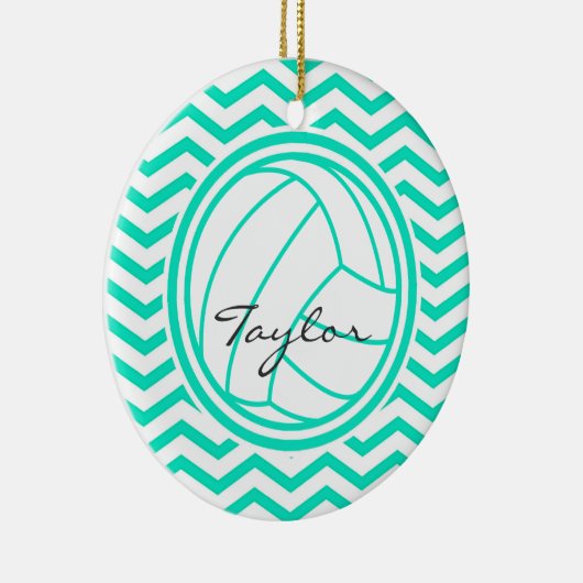 Gepersonaliseerd volleybal; Aqua Green Chevron Keramisch Ornament (Rechts)