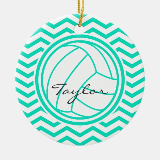 Gepersonaliseerd volleybal; Aqua Green Chevron Keramisch Ornament (Voorkant)