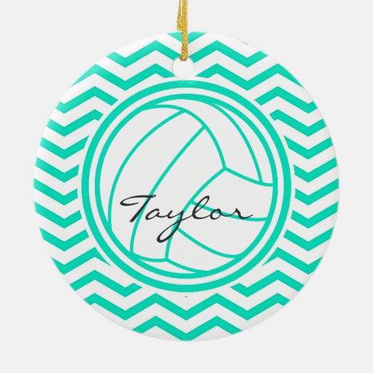 Gepersonaliseerd volleybal; Aqua Green Chevron Keramisch Ornament (Achterkant)