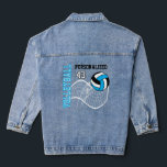 Gepersonaliseerd volleybal - Baby Blauw Denim Jacket<br><div class="desc">Jean Jacket met baby blauw volleybal ontwerp en een gebied om jouw tekst en nummer toe te voegen. Dit product is 100% . Afbeeldingen en / of tekst kunnen worden toegevoegd, verwijderd, verplaatst, vergroot of verkleind, veranderd rond, geroteerd, etc... .99% van mijn design in mijn winkel worden gedaan in lagen....</div>