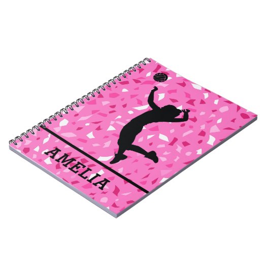 Gepersonaliseerd volleybal- en roze terrazzo-patro notitieboek (Linkerzijde)