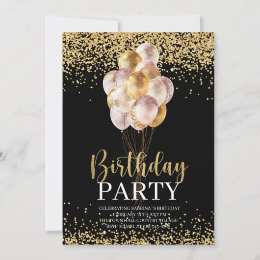 Gepersonaliseerd voor Birthday Party Gold en Black Kaart (Voorkant)