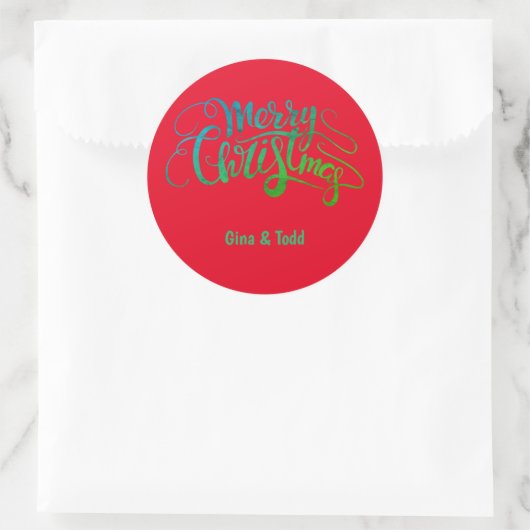 Gepersonaliseerd vrolijk kerstscript ronde sticker (Tas)