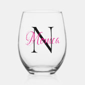 Gepersonaliseerd warm roze en zwart monogram wijnglas zonder voet (Voorkant)