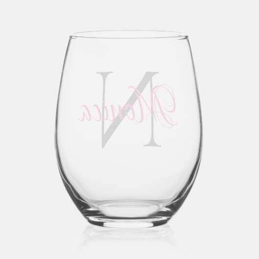 Gepersonaliseerd warm roze en zwart monogram wijnglas zonder voet (Achterkant)