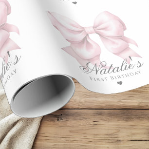 Gepersonaliseerd Waterverf Dusty Pink Bow 1st Birt Cadeaupapier