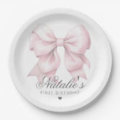 Gepersonaliseerd Waterverf Dusty Pink Bow 1st Birt Papieren Bordje (Voorkant)