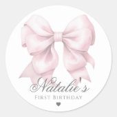 Gepersonaliseerd Waterverf Dusty Pink Bow 1st Birt Ronde Sticker (Voorkant)