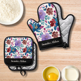 Gepersonaliseerd Waterverf Kleurrijke Wildbloemen  Ovenwant & Pannenlap Set