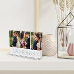 Gepersonaliseerd weddenschap Foto Collage Block<br><div class="desc">Elegant bruiloft foto collage block bevat drie favoriete trouwfoto's naast elkaar geplaatst. Uw achternaam of familienaam staat onder in grijs met uw namen en trouwdatum,  overschreven op een transparante witte streep.</div>