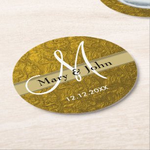 Gepersonaliseerd weddenschapsmonogram Gold Pattern Ronde Kartonnen Onderzetter