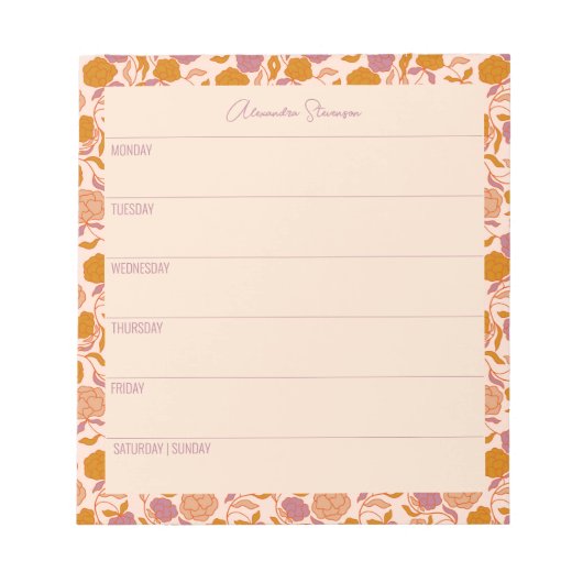 Gepersonaliseerd weekblad  Oranje Floral Notitieblok (Voorkant)