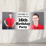 Gepersonaliseerd welkomstbord 16th Birthday Mannen Spandoek<br><div class="desc">Modern 16e verjaardagsfeestje welkomstbord voor mannen. Gepersonaliseerde banner met een moderne 2-foto collage en vetgedrukte letters. Voor binnen of buiten gebruik. Om de fotoplaatsing te wijzigen: klik op de knop om het ontwerp aan te passen,  klik op "bijsnijden" en verplaats het afbeelding om het te centreren.</div>