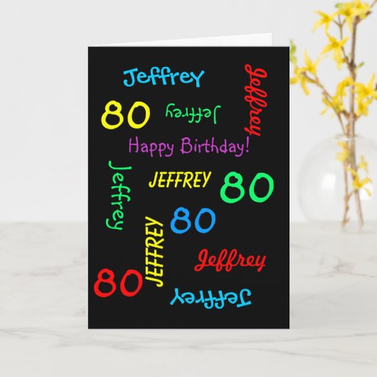 Gepersonaliseerd Wenskaart, zwart, 80th Birthday Kaart (Gele Bloem)