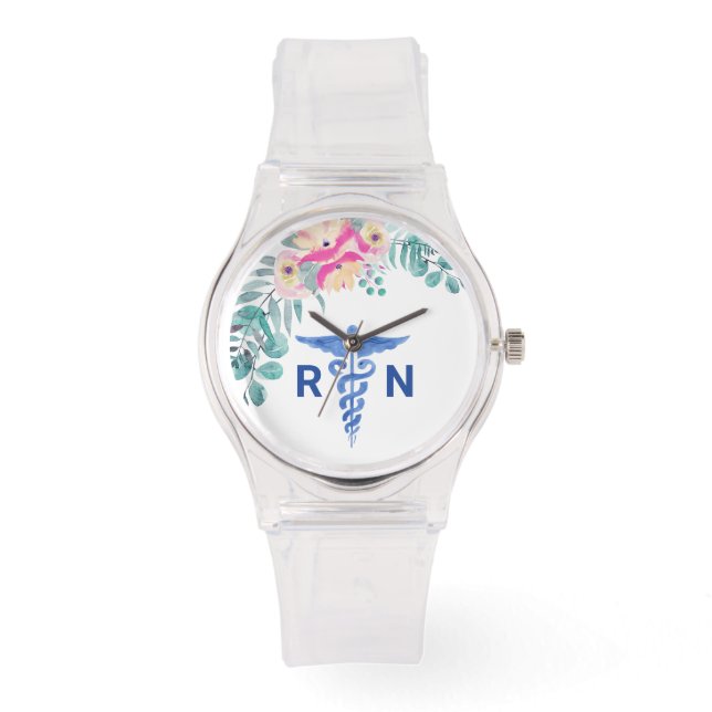Gepersonaliseerd werk van Floral Boho Verpleging M Horloge (Voorkant)