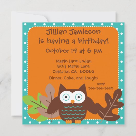 Gepersonaliseerd Whoot Owl Birthday Invitae Kaart (Achterkant)