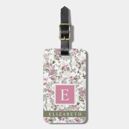 Gepersonaliseerd wit bloemig roze groen Roos Bagagelabel (Voorkant verticaal)