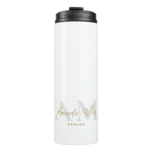 Gepersonaliseerd Wit Goud Modern Monogram Minimali Thermosbeker (Voorkant)