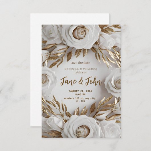 [Gepersonaliseerd] Wit & Gouden Huwelijksuitnodigi Kaart (Voorkant / Achterkant)