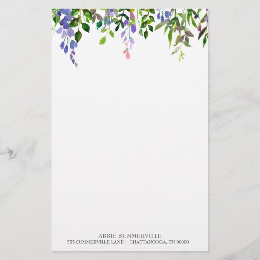 Gepersonaliseerd Wit met Paarse Floral Briefpapier (Voorkant)