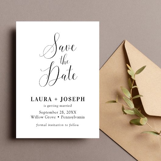 Gepersonaliseerd wit minimalistisch kalligrafiescr save the date