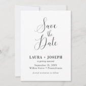 Gepersonaliseerd wit minimalistisch kalligrafiescr save the date (Voorkant)